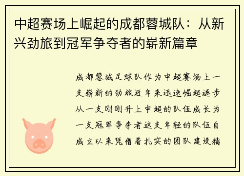 中超赛场上崛起的成都蓉城队：从新兴劲旅到冠军争夺者的崭新篇章