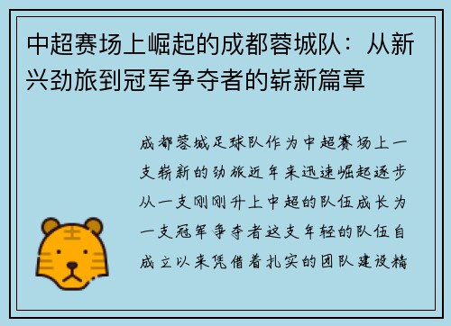 中超赛场上崛起的成都蓉城队：从新兴劲旅到冠军争夺者的崭新篇章